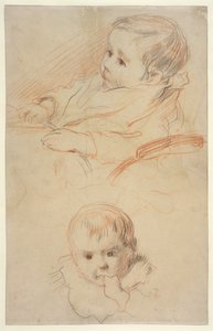 小さな子供の2つの研究、1875-80（黄色がかった紙に黒と赤のチョーク）